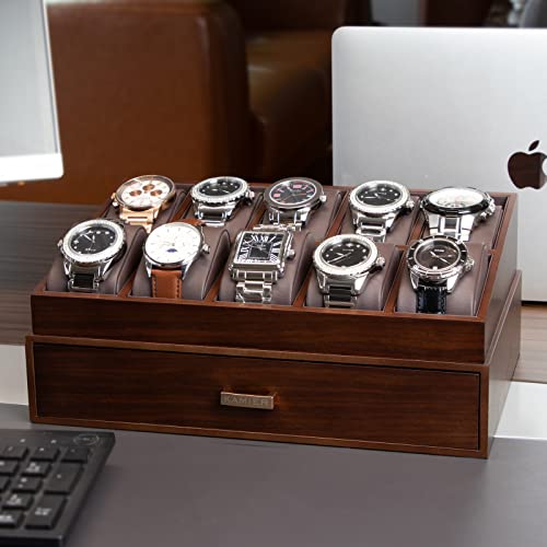KAMIER Watch Box for Men, 10 Slots Mens Watch Case with Glass Lid, Watch Display Case With Drawer, 2-Layer Watch Holder Organizer, Jewelry and Watch Storage for Men Women, Walnut - Image 3