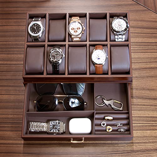 KAMIER Watch Box for Men, 10 Slots Mens Watch Case with Glass Lid, Watch Display Case With Drawer, 2-Layer Watch Holder Organizer, Jewelry and Watch Storage for Men Women, Walnut - Image 4