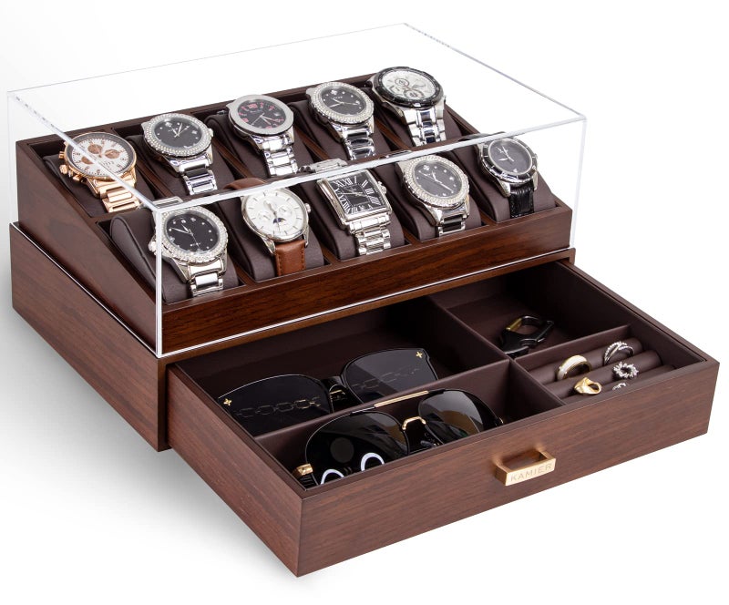 KAMIER Watch Box for Men, 10 Slots Mens Watch Case with Glass Lid, Watch Display Case With Drawer, 2-Layer Watch Holder Organizer, Jewelry and Watch Storage for Men Women, Walnut - Image 1
