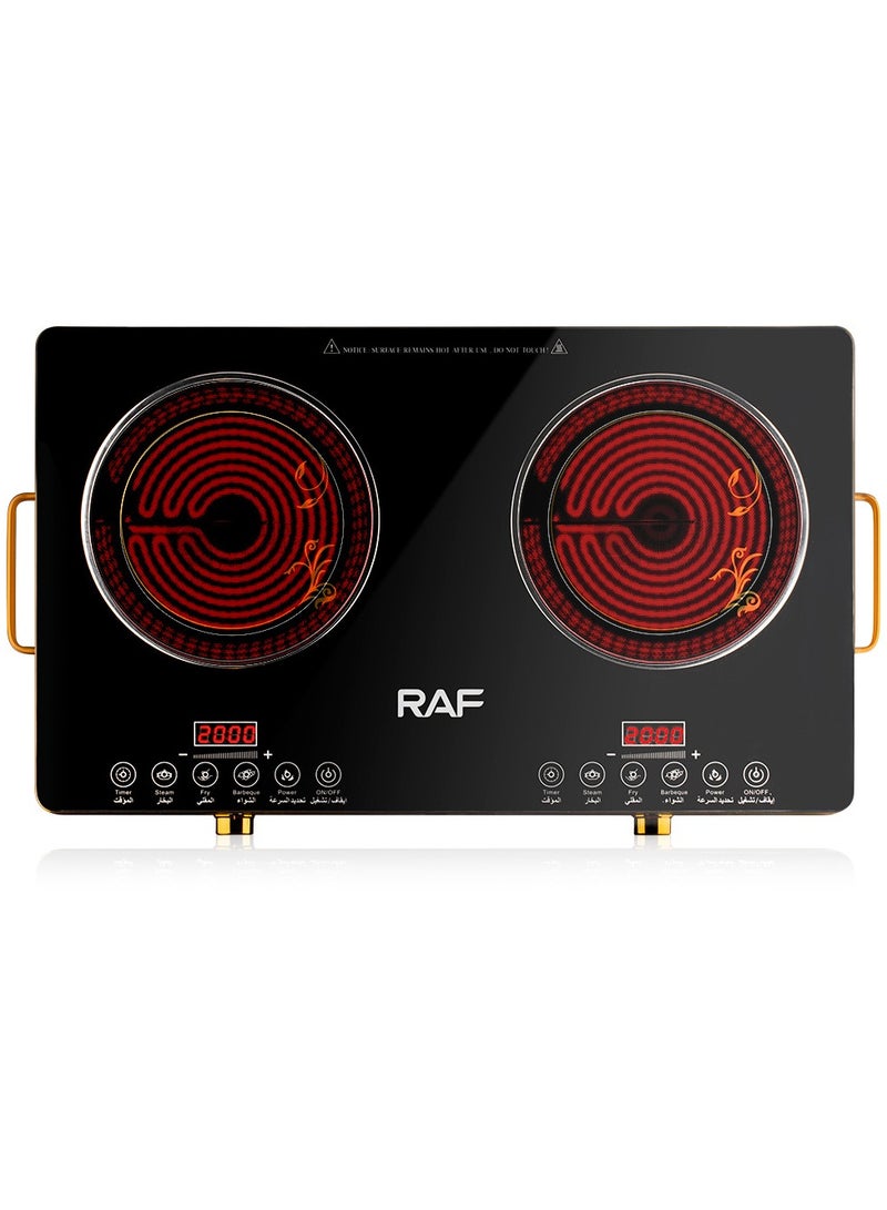 آر إيه أف موقد كهربائي مزدوج يعمل بالأشعة تحت الحمراء - موقد محمول بقوة 3500 واط، موقد يعمل بالأشعة تحت الحمراء، يسخن في ثوانٍ، موقد سطحي مناسب للسكن الجامعي، متوافق مع جميع أواني الطهي. - Image 1