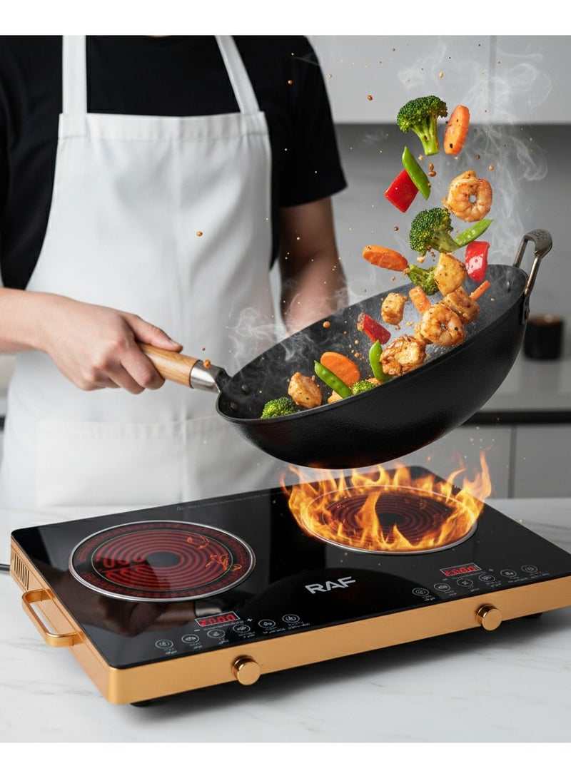 آر إيه أف موقد كهربائي مزدوج يعمل بالأشعة تحت الحمراء - موقد محمول بقوة 3500 واط، موقد يعمل بالأشعة تحت الحمراء، يسخن في ثوانٍ، موقد سطحي مناسب للسكن الجامعي، متوافق مع جميع أواني الطهي. - Image 2