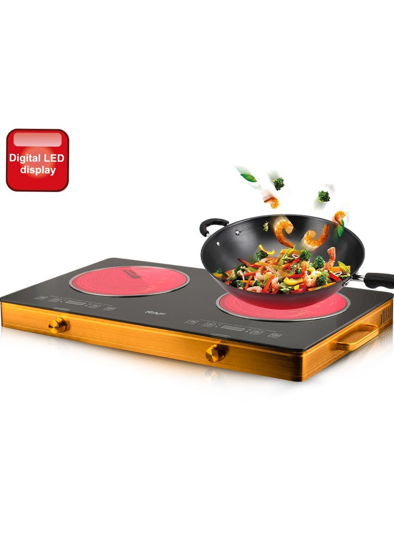آر إيه أف موقد كهربائي مزدوج يعمل بالأشعة تحت الحمراء - موقد محمول بقوة 3500 واط، موقد يعمل بالأشعة تحت الحمراء، يسخن في ثوانٍ، موقد سطحي مناسب للسكن الجامعي، متوافق مع جميع أواني الطهي. - Image 4