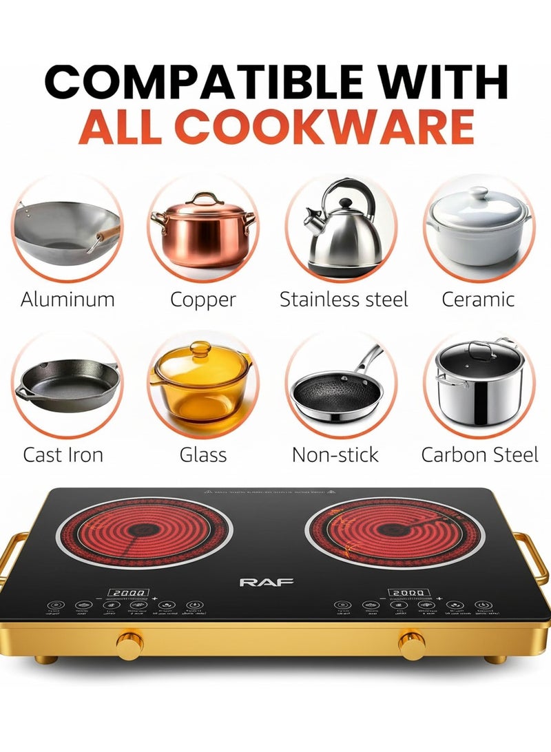 آر إيه أف موقد كهربائي مزدوج يعمل بالأشعة تحت الحمراء - موقد محمول بقوة 3500 واط، موقد يعمل بالأشعة تحت الحمراء، يسخن في ثوانٍ، موقد سطحي مناسب للسكن الجامعي، متوافق مع جميع أواني الطهي. - Image 3