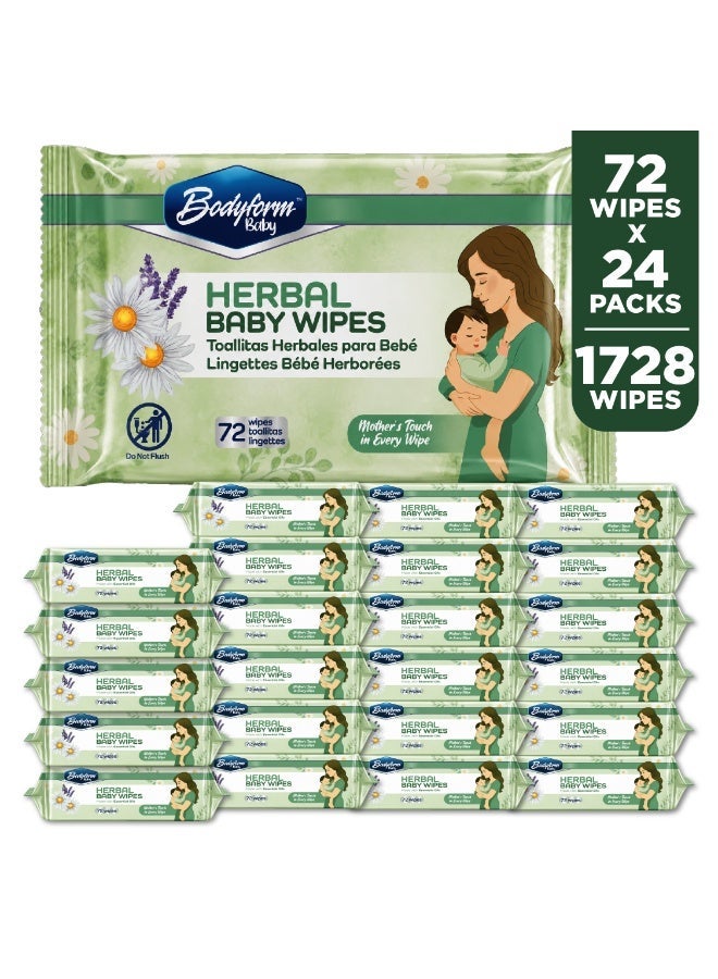 Bodyform Baby Herbal Baby Wipes, 24 Pack of 72 Count (1,728 Wipes Total) — Made with Lavender & Tea Tree Oil, Alcohol-Free & Paraben-Free, Soft & Thick, Gentle for Hands, Face & Bottom - Image 1