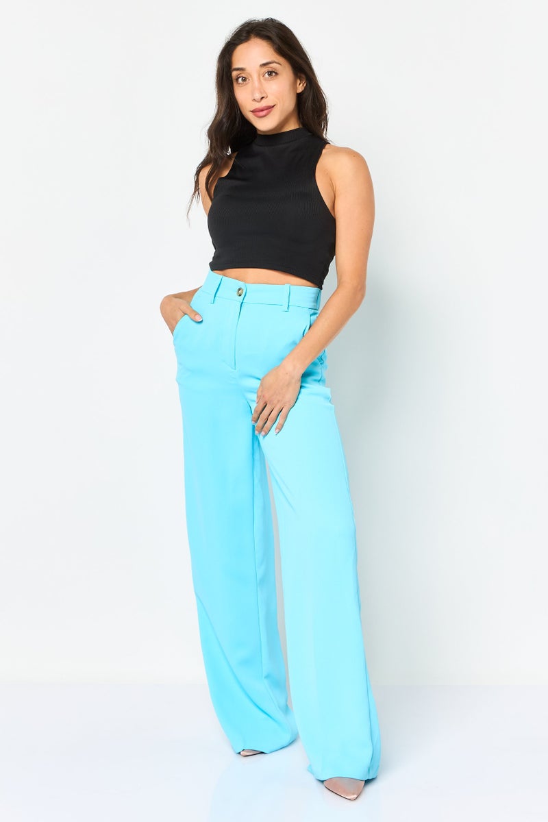 promod Women Wide Leg Plain Palazzo Pants, Turqouise - Image 2