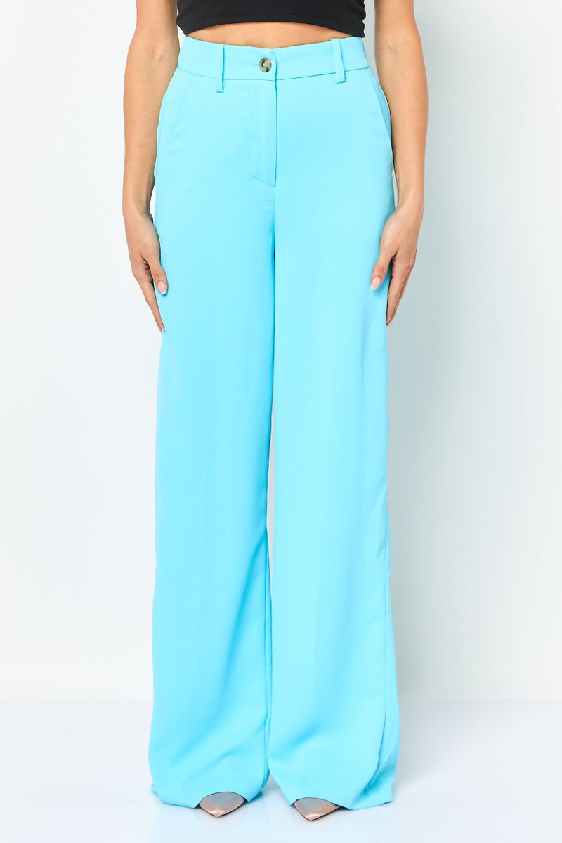 promod Women Wide Leg Plain Palazzo Pants, Turqouise - Image 1