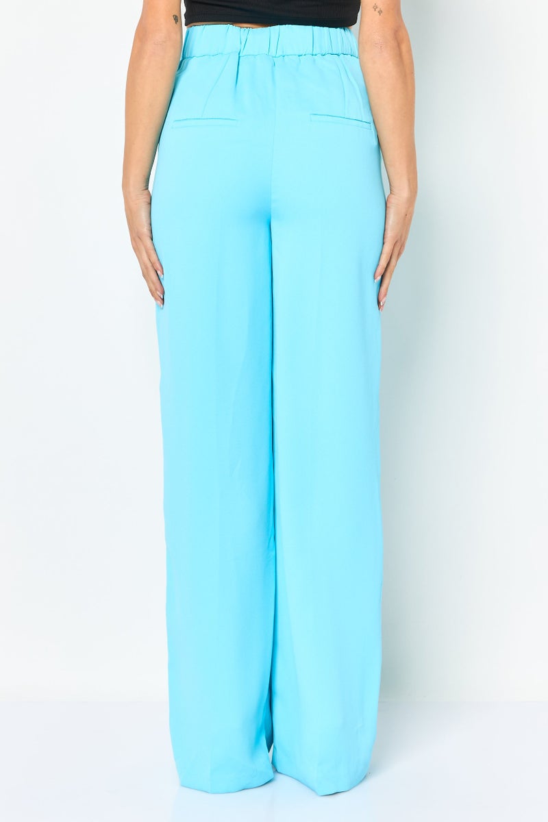 promod Women Wide Leg Plain Palazzo Pants, Turqouise - Image 4