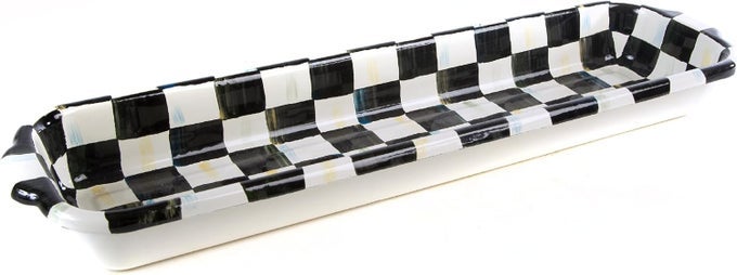 MACKENZIECHILDS ENAMEL BAGUETTE DISH SERVING DISH FOR SLICED FRENCH BAGUETTE BREAD BLACKANDWHITE COURTLY CHECK