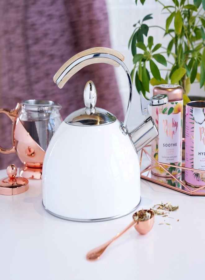 Pinky Up Presley Tea Kettle, Stovetop Stainless Steel Kettle, Whistling, Tea Accessory Gifts, Fast Boil Water Kettle, Wooden Handle, 70 Oz, White - Image 2
