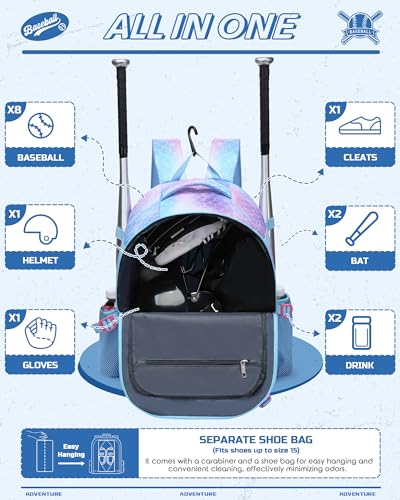 FOKDUVB Baseball Softball Backpack for Kids Boys Girls 68 812 1214 Large Youth Bat Bag for Gear Storage Baseball Softball Tball Equipment Back Pack with Separate Shoe Bag BluePurple Mermaid - Image 3