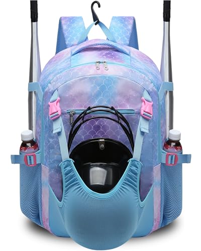 FOKDUVB Baseball Softball Backpack for Kids Boys Girls 68 812 1214 Large Youth Bat Bag for Gear Storage Baseball Softball Tball Equipment Back Pack with Separate Shoe Bag BluePurple Mermaid - Image 1