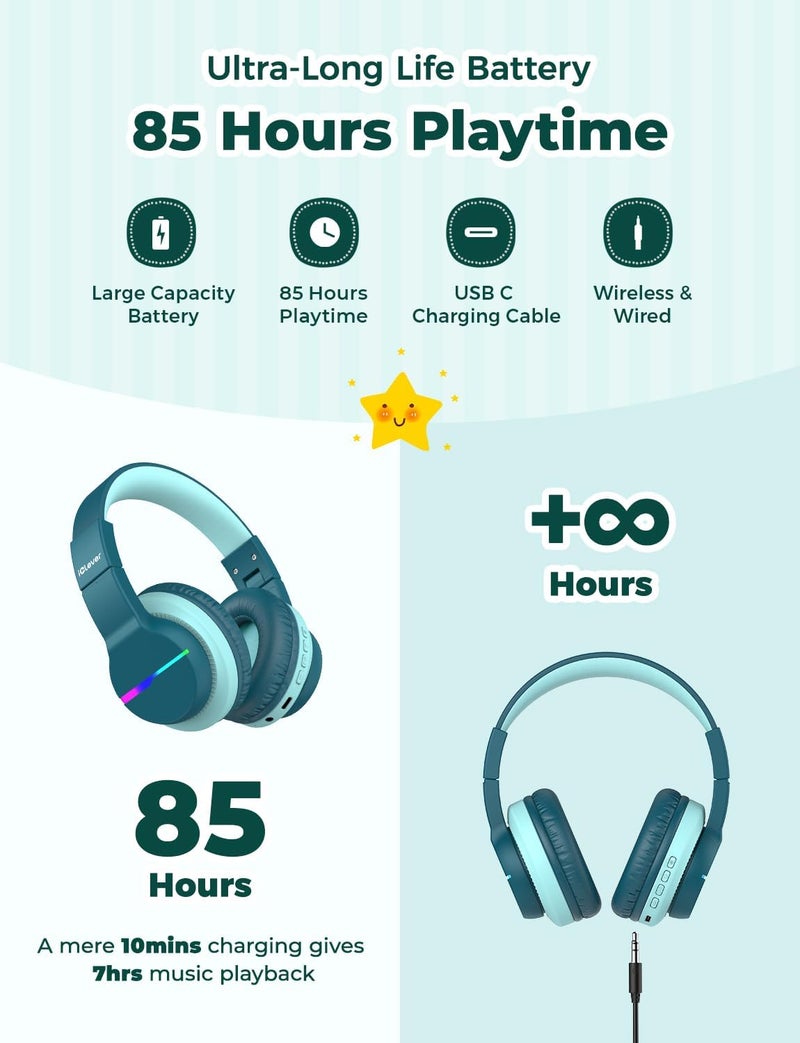iClever Bluetooth Kids Headphones, BTH12 Colorful LED Lights Kids Wireless Headphones Over Ear with 74/85/94dB Volume Limited, 55H Playtime, Bluetooth 5.2, Built-in Mic for School/Tablet/PC - Image 4