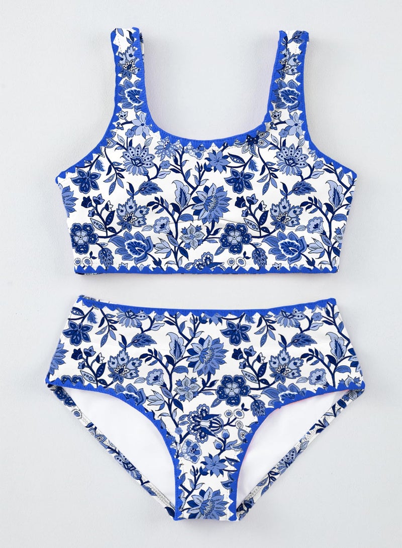 blibean Tween Girl Swimsuits Little Kids Girls Summer Swim Bathing Suits Teen Fashion Two Piece Bikini Boho Hawaii Swimwear Beach Sets Traje BaÃ±o NiÃ±as Size 12-13 Year Old Blue Floral - Image 3