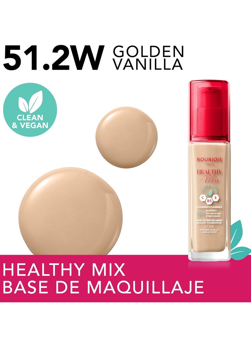 Paris Bourjois Healthy Mix Foundation, Free of Harmful Ingredients, 51.2W Golden Vanilla, 30 ml, For All Skin Types, Golden - Image 2