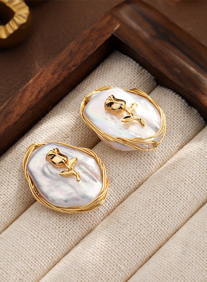 جيوان الفرنسية نمط القرط الوردي أقراط اللؤلؤ - Image 1