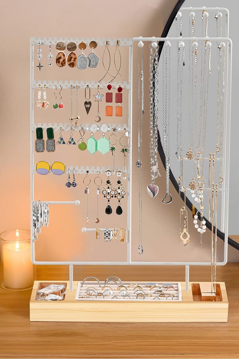 LOOPITYS Jewelry storage rack, jewelry rack, jewelry rack, earring storage rack, 6-story earring storage rack, necklace rack, jewelry bracelet storage rack, with detachable wooden ring tray and white coated metal rack, used for jewelry organization and storage, also a great gift item - Image 1