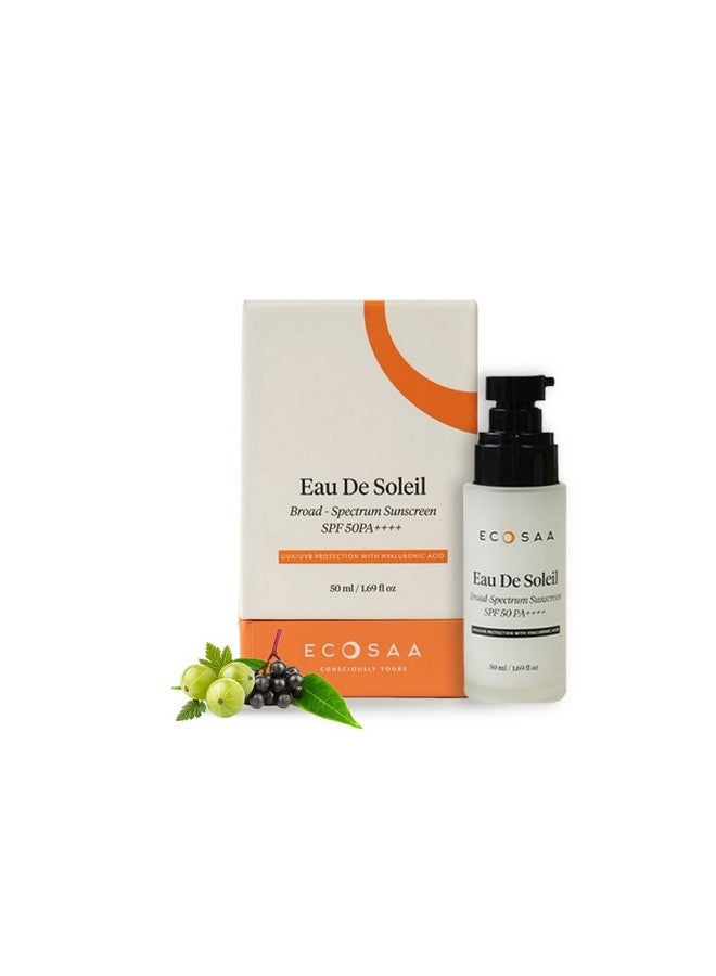 Ecosaa Eau De Soleil Sunscreen SPF 50 PA++++, with Hyaluronic Acid for Hydrating Skin, UVA/UVB Blue Light Protection, Light Non-Greasy Sun Protection, No White Cast Sunscreen for All Skin Type - 50ml