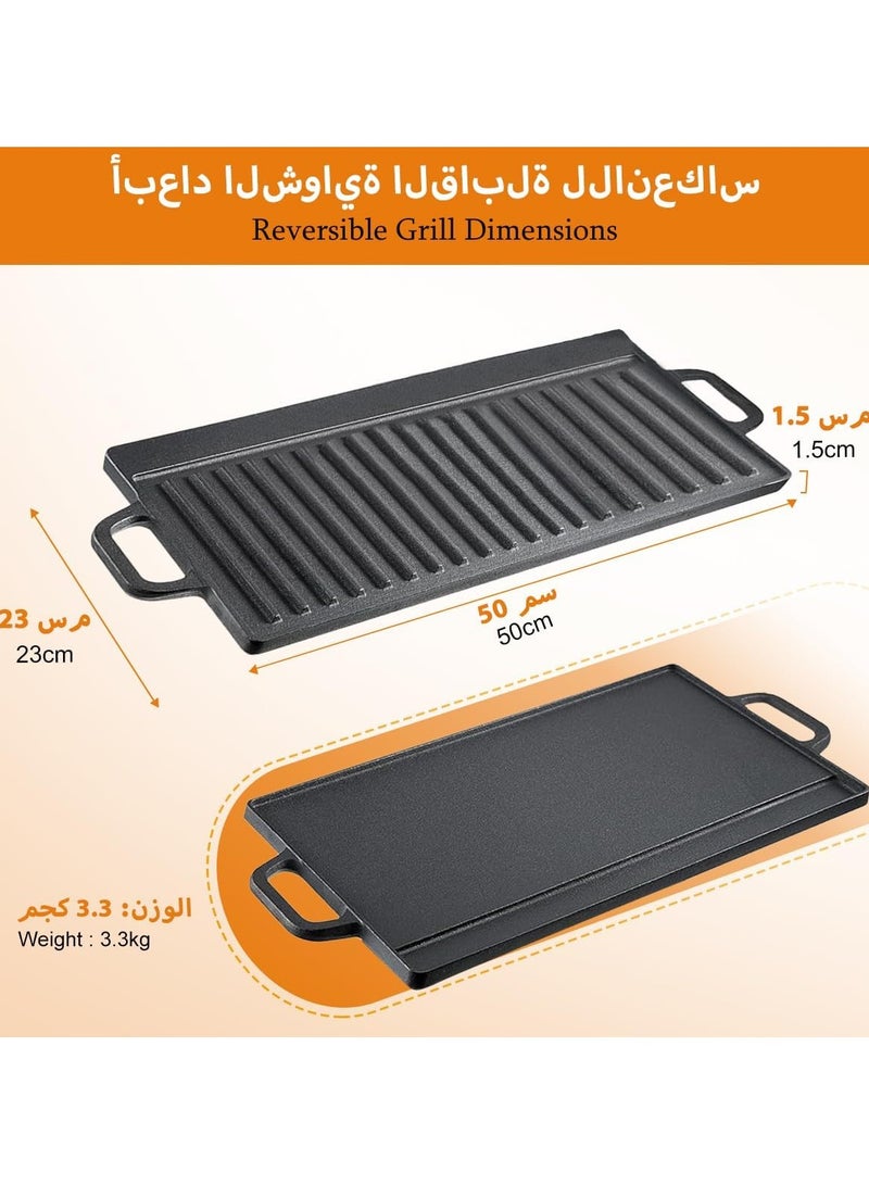 Rectangular Cast Iron Griddle, Reversible Grill Pan Plate Double Sided Baking Tray Induction Grill Stove Top Campfire Portable Black Rock BBQ Grill for Oven Gas Hob Indoor Outdoor Picnic  - Image 2