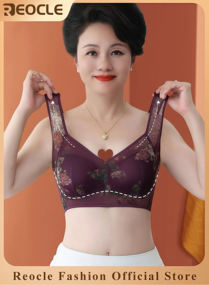 REOCLE Women's Seamless Bra without Steel Ring Flower Patterned Lingerie Vest Style Underwear Printed Underwear Big Chest Appears Small Breathable No Sensory Support Bra for Mather - Image 1