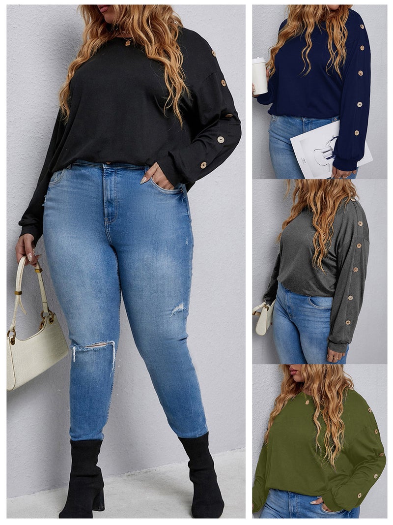 Women Long Sleeve T-shirt Sweatshirt Drop Shoulder Plus Size Casual Tops - Image 3