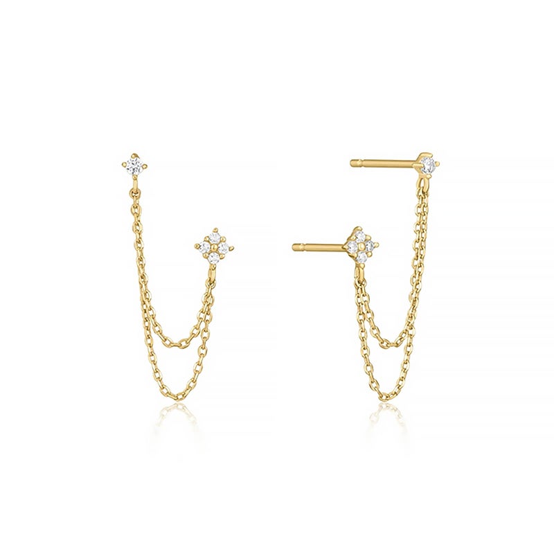 BUAEL 925 Sterling Silver Four Zircons Flower Stud Earrings For Women | Double Studs Chain Tassel Piercing Earring | Gold Plated Double Piercing Dangle Chain Earrings Jewelry Gifts for Women - Image 1