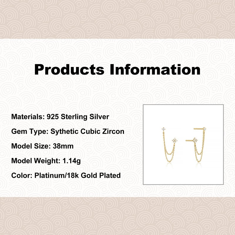BUAEL 925 Sterling Silver Four Zircons Flower Stud Earrings For Women | Double Studs Chain Tassel Piercing Earring | Gold Plated Double Piercing Dangle Chain Earrings Jewelry Gifts for Women - Image 5