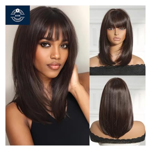 ASSU Hair Wig With Bangs | Straight Hair For Ladies | Suitable For Cosplay Fashion & Valentine'S Day Party With Wigcap 16 inch Black light Brown Mix - Image 2
