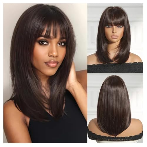 ASSU Hair Wig With Bangs | Straight Hair For Ladies | Suitable For Cosplay Fashion & Valentine'S Day Party With Wigcap 16 inch Black light Brown Mix - Image 1