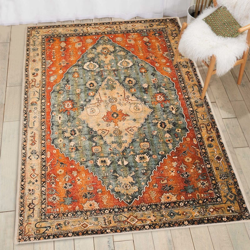 COMSLE Boho Area Rug 3 x 5 Machine Washable Rugs for Entryway Faux Wool Large Rugs Distressed Throw Rug NonSlip Floor Carpet for Indoor Bedroom Kitchen Living Room