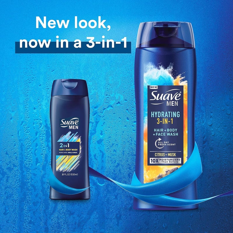 Suave Men Moisturizing Body, Face and Hair Wash, 3-in-1 For Hydrated Skin and Hair, Citrus & Musk scent, No Parabens, No Phtahaltes, 18 Oz Pack of 6 - Image 3