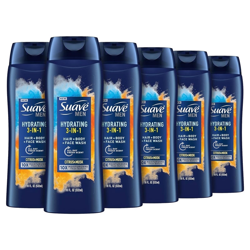 Suave Men Moisturizing Body, Face and Hair Wash, 3-in-1 For Hydrated Skin and Hair, Citrus & Musk scent, No Parabens, No Phtahaltes, 18 Oz Pack of 6 - Image 1