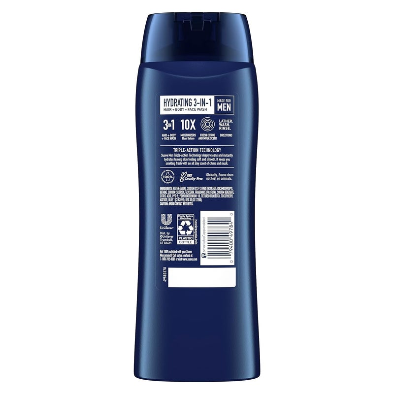 Suave Men Moisturizing Body, Face and Hair Wash, 3-in-1 For Hydrated Skin and Hair, Citrus & Musk scent, No Parabens, No Phtahaltes, 18 Oz Pack of 6 - Image 2