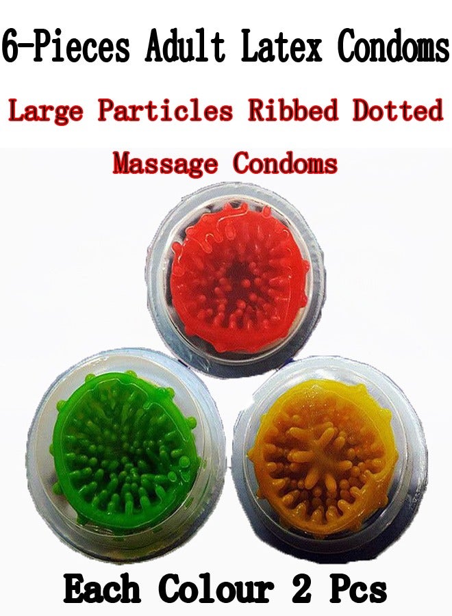 Generic 6-Pieces Adult Latex Condoms,Large Particles Ribbed Dotted Massage Condoms,Enhance Sense Stimulation Condoms,Mixed 3 Colour  - Image 1