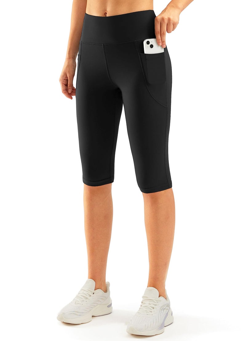 SANTINY Women's Knee Length Capri Leggings with Pockets High Waisted Workout Exercise Yoga Capris Pants for Women (Black_L) - Image 1