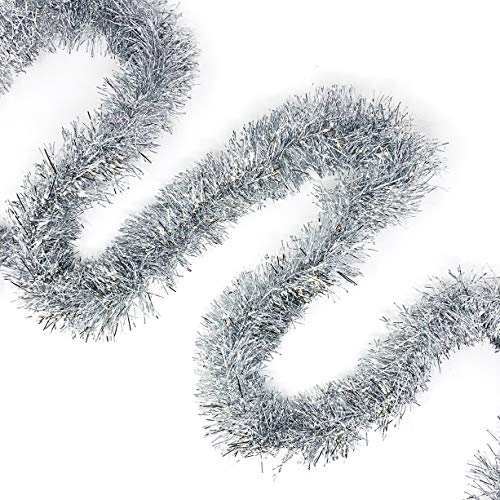 Allgala Silver Tinsel Garland, 50 Feet Christmas Metallic Foil Tinsel Garland Decoration for Holiday Tree Walll Rail Home Office Event Fall Thanksgiving Decoration - Image 1
