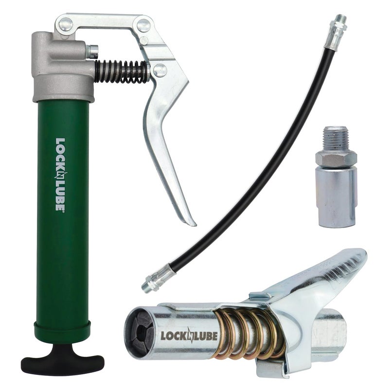 LockNLube Mini Grease Gun Kit. Includes Our Patented Grease Coupler (Locks on, Stays on, Won't Leak!) Plus a 12 Hose and in-line Hose Swivel. - Image 1