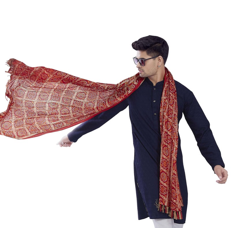 DIVISIVE Men's Printed Art Silk Bandhani Dupatta/Stole(DDP5_Red) - Image 1