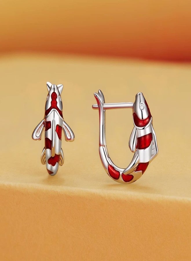 Qings Koi Fish Hoop Earrings for Women S925 Sterling Silver Hypoallergenic Huggie Earrings Lucky Red Carp Small Hoop Earrings Birthday Gifts for Women - Image 3