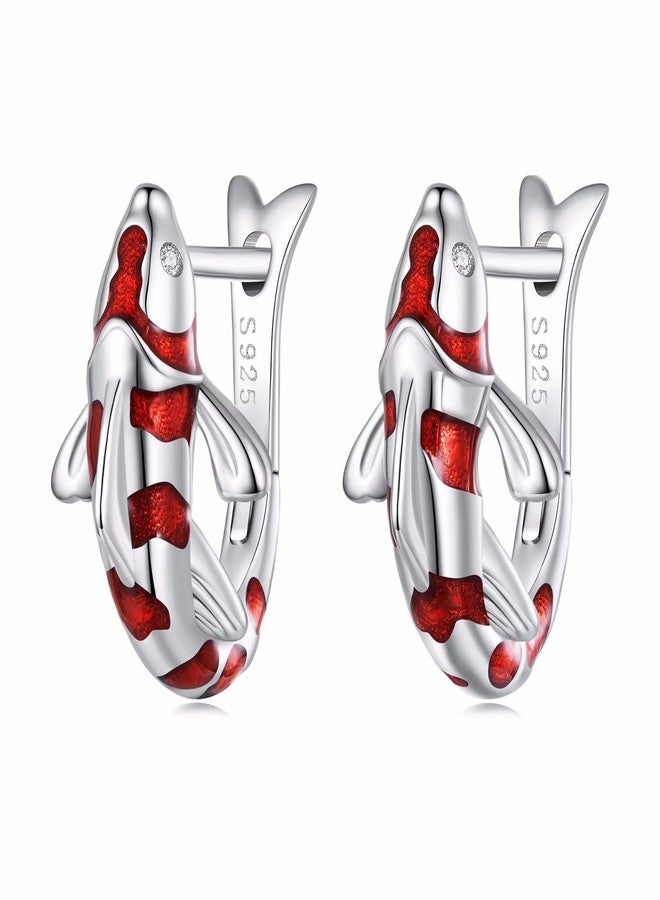 Qings Koi Fish Hoop Earrings for Women S925 Sterling Silver Hypoallergenic Huggie Earrings Lucky Red Carp Small Hoop Earrings Birthday Gifts for Women - Image 1