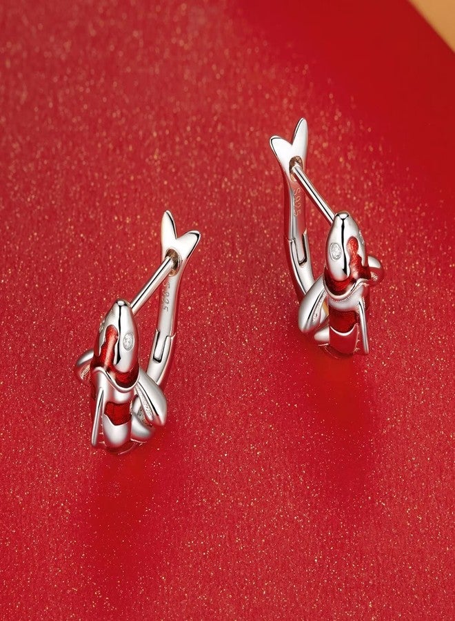 Qings Koi Fish Hoop Earrings for Women S925 Sterling Silver Hypoallergenic Huggie Earrings Lucky Red Carp Small Hoop Earrings Birthday Gifts for Women - Image 4
