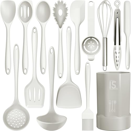 AOTHOD Silicone Cooking Utensils Set - 446°F Heat Resistant Silicone Kitchen Utensils,Spatula,Spoon, Kitchen Utensil Sets Gadgets Tools Set for Nonstick Cookware,Dishwasher Safe Bpa Free (Cream White) - Image 1