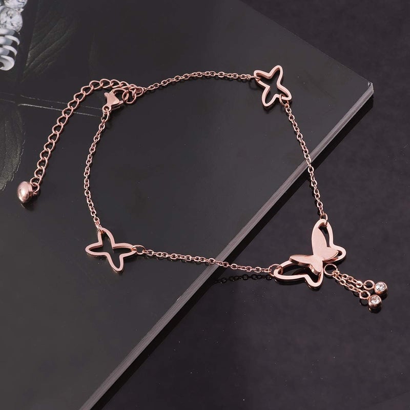 HANNEA® Chic Women's Adjustable Butterfly Charm Anklet, Gold Rose Tassel Ankle Bracelet with Extension Chain, Hypoallergenic Alloy, Fashion Beach Jewelry, 24+5cm - Image 4