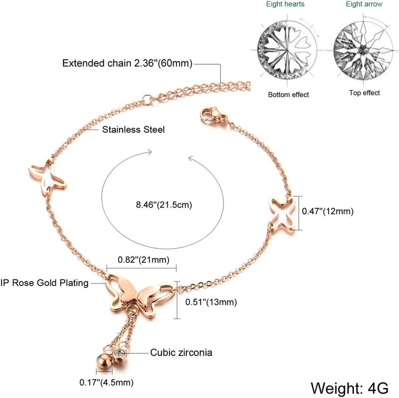 HANNEA® Chic Women's Adjustable Butterfly Charm Anklet, Gold Rose Tassel Ankle Bracelet with Extension Chain, Hypoallergenic Alloy, Fashion Beach Jewelry, 24+5cm - Image 2