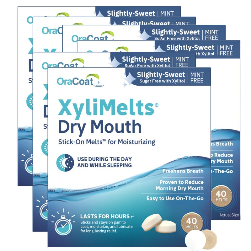 Oracoat XyliMelts for Dry Mouth Night Time or Day Moisturizing Dry Mouth Adhering Discs Sugar Free with Xylitol 40 Count 6 Pack SlightlySweet Flavor 8Hour Relief - Image 1