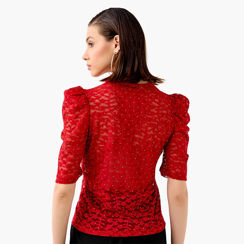 2Xtremz 2Xtremz Flower Lace Sheer Top with Button Closure and Puff Sleeves