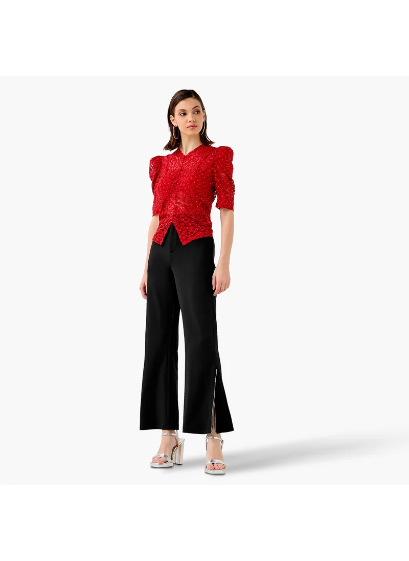 تواكستريمز 2Xtremz Flower Lace Sheer Top with Button Closure and Puff Sleeves