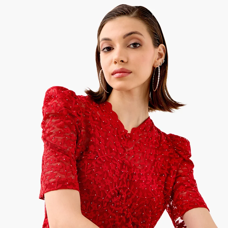 2Xtremz 2Xtremz Flower Lace Sheer Top with Button Closure and Puff Sleeves