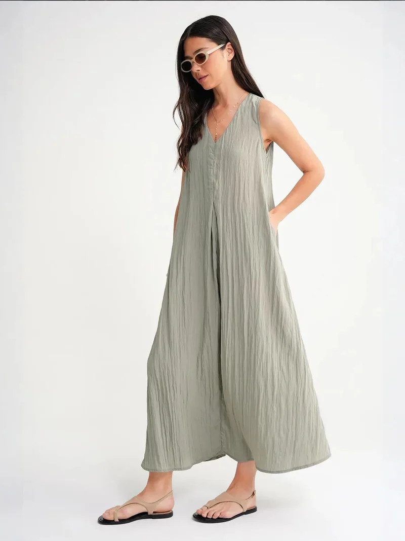 Mixray Sage Green Mixray V-Neck Maxi Dress for Women | Best Price UAE