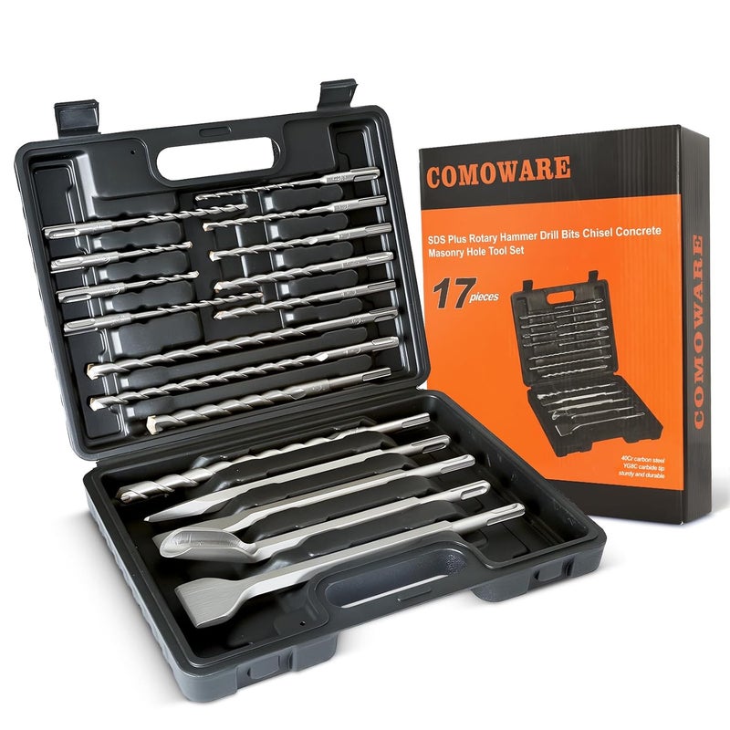 COMOWARE Rotary Hammer Drill Bits Set & Chisels- SDS Plus Concrete Masonry Hole Tool 17pcs with Storage Case - Image 1