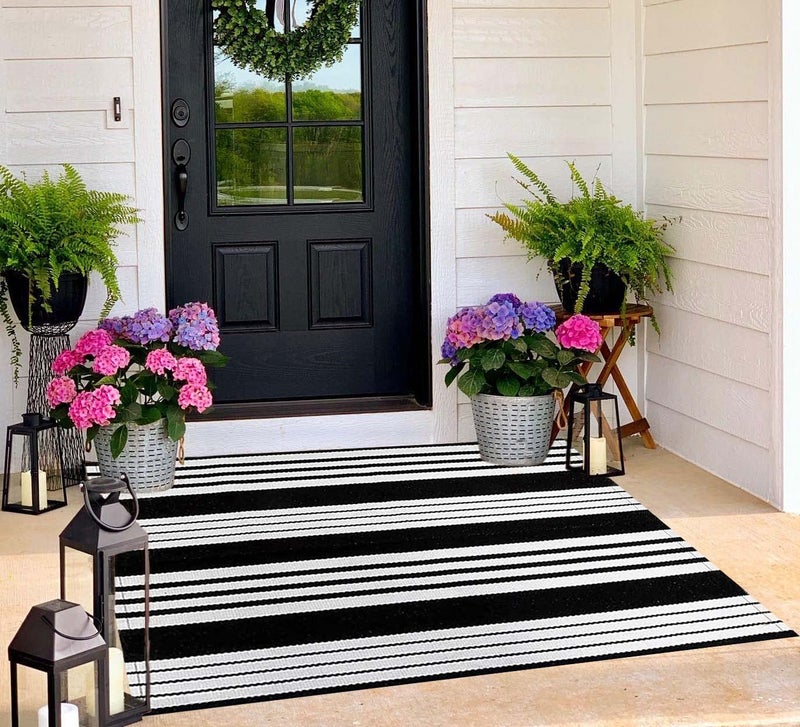 BUAGETUP Black and White Outdoor Rug 3x 5 Cotton Woven Washable Rug Striped Front Porch Rug Area Rug Floor Mat for FarmhouseLayered Door MatsLiving Room